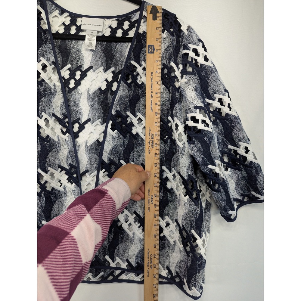 Alfred Dunner Navy White Geometric Lattice Open Front Jacket XL 3/4 Sleeve - Picture 5 of 9